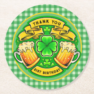 Cheers St. Patrick's Day Shamrock 21st Birthday  Round Paper Coaster