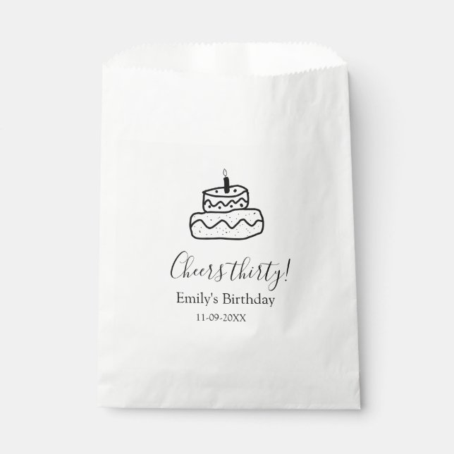 Cheers thirty birthday cake black scribble hand favour bag (Front)