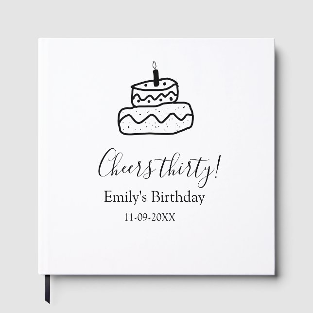 Cheers thirty birthday cake black scribble hand guest book (Front)
