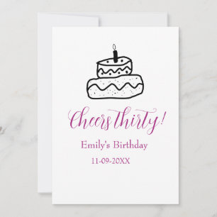 Cheers thirty birthday cake black scribble hand invitation
