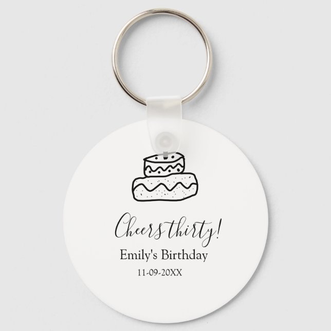 Cheers thirty birthday cake black scribble hand keychain (Front)