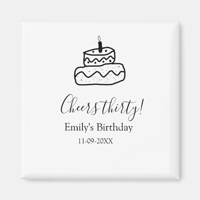 Cheers thirty birthday cake black scribble hand magnet (Front)