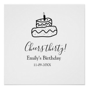 Cheers thirty birthday cake black scribble hand poster