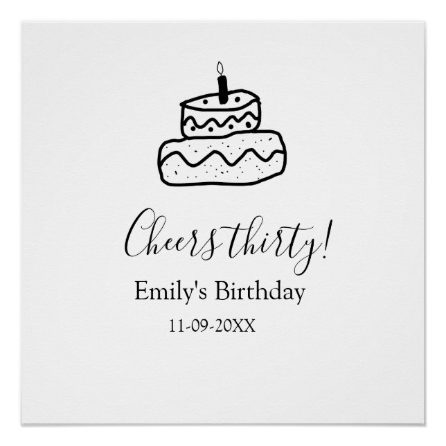 Cheers thirty birthday cake black scribble hand poster (Front)