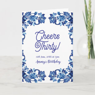 Cheers thirty birthday royal blue floral border na card