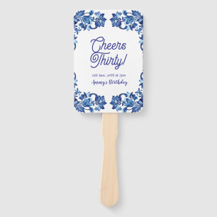 Cheers thirty birthday royal blue floral border na hand fan