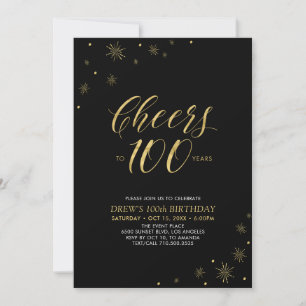 Cheers to 100 Gold & Black 100th Birthday Party Invitation