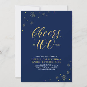 Cheers to 100   Gold & Navy 100th Birthday Party Invitation