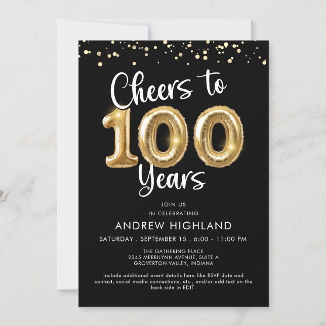 Cheers to 100 Years Gold Balloon Numbers Black Invitation (Front)