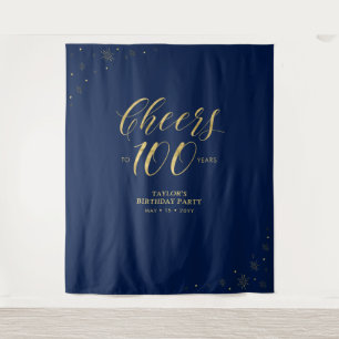 Cheers to 100 years, Gold & Blue Birthday Party Tapestry