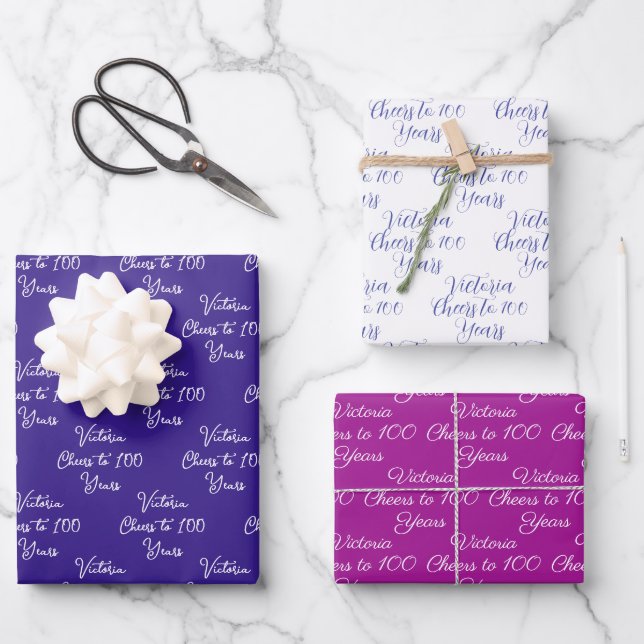 Cheers to 100 Years Purple Magenta 100th Birthday Wrapping Paper Sheet (Front)