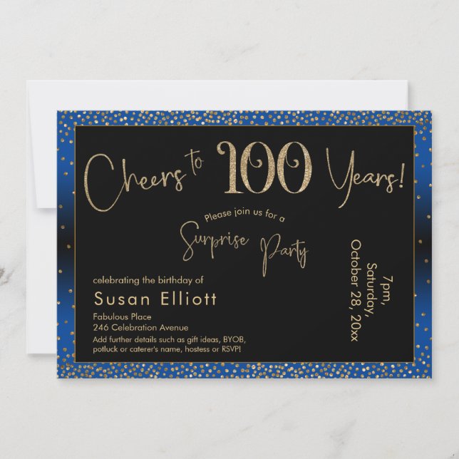 Cheers to 100 Years Surprise Birthday, Blue Invitation (Front)