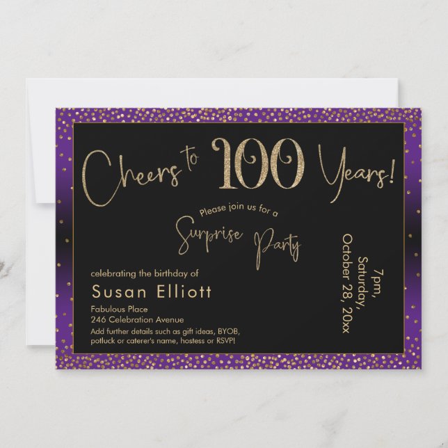 Cheers to 100 Years Surprise Birthday, Purple Invitation (Front)