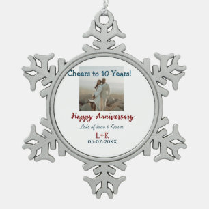 Cheers to 10 Years happy anniversary add photo dat Snowflake Pewter Christmas Ornament