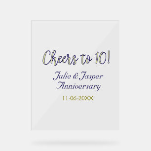 Cheers to 10th wedding anniversary blue golden mod acrylic sign
