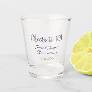 Cheers to 10th wedding anniversary blue golden mod shot glass