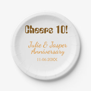 Cheers to 10th wedding anniversary brown orange paper plate