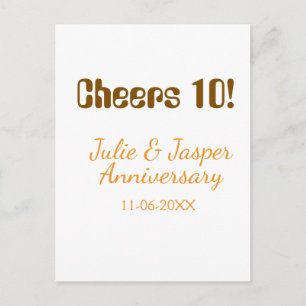 Cheers to 10th wedding anniversary brown orange  postcard