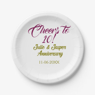 Cheers to 10th wedding anniversary mauve golden na paper plate
