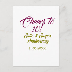 Cheers to 10th wedding anniversary mauve golden na postcard