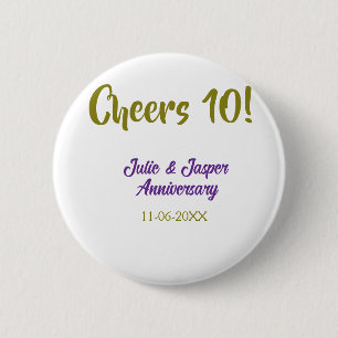Cheers to 10th wedding anniversary purpl golden na 2 inch round button