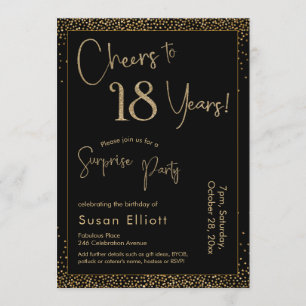 Cheers to 18 Years Surprise Birthday Party Black Invitation