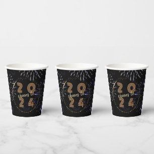 Cheers to 2024 Fireworks New Year Holiday Party Paper Cups