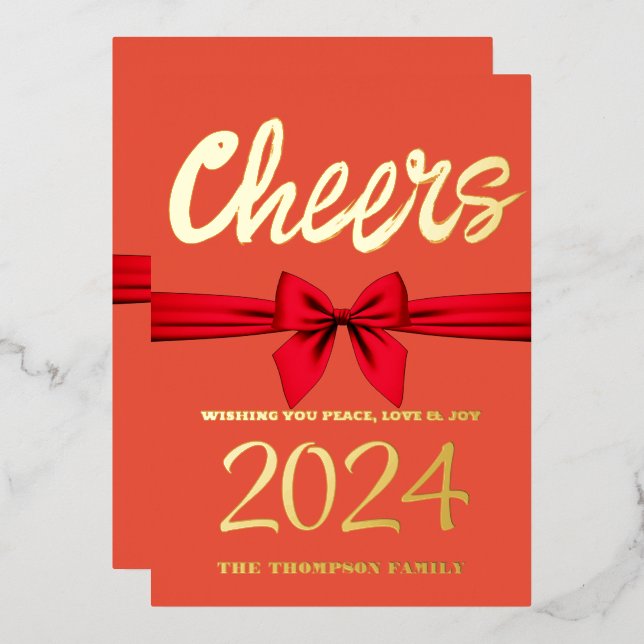 Cheers to 2024, red ribbon,red foil holiday card (Front/Back)