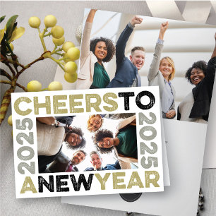 Cheers To 2025 Gold Typography Blocks Frame Photo Holiday Card