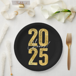 Cheers To 2025 Gold Typography Modern New Year Paper Plate