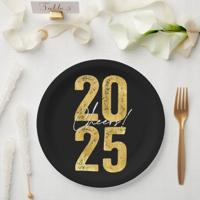 Cheers To 2025 Gold Typography Modern New Year Paper Plate (Wedding)