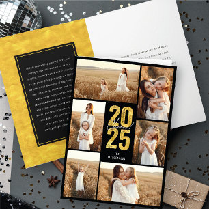 Cheers To 2025 Gold Typography New Year 6 Photo Holiday Card