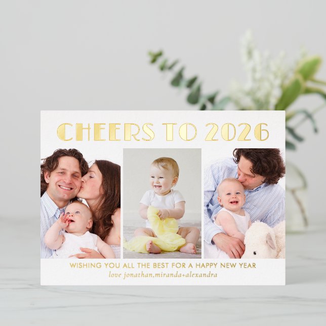 Cheers to 2025 New Year Photo Collage Gold Foil Holiday Card (Standing Front)