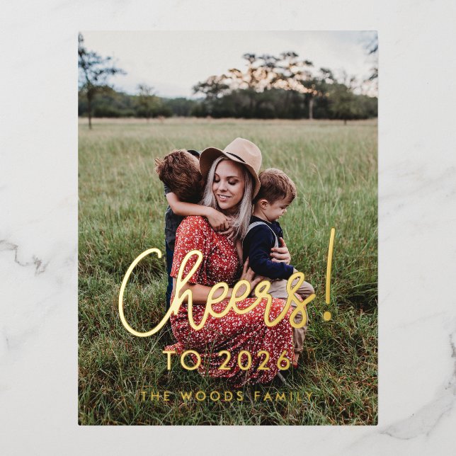 Cheers to 2026 modern calligraphy photo foil holiday postcard (Front)