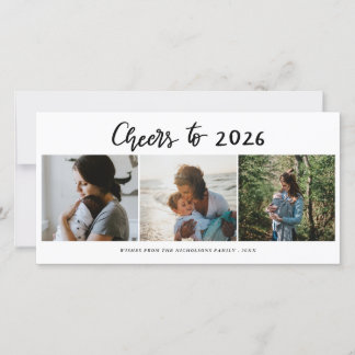 Cheers To 2026 Script Three Photo Collage Modern Holiday Card