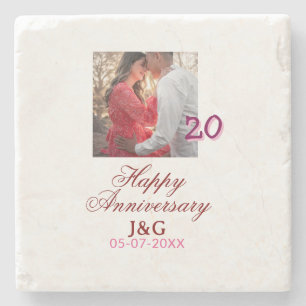 Cheers to 20 Years happy anniversary add photo dat Stone Coaster