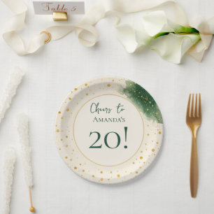 Cheers to 20th Birthday Emerald and Gold  Paper Plate