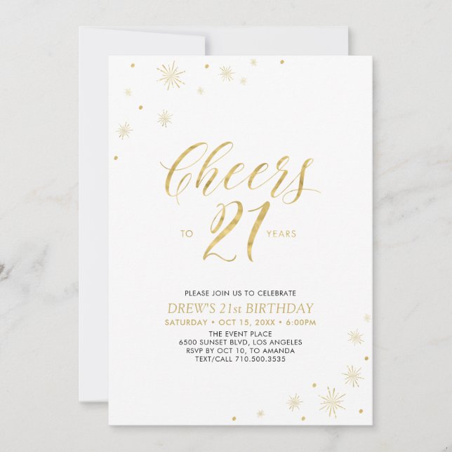 Cheers to 21 | Gold 21st Birthday Party Invitation (Front)