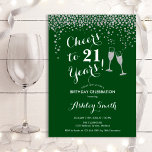 Cheers To 21 Years Birthday Forest Green Silver Invitation<br><div class="desc">21st Birthday Invitation. Cheers To 21 Years! Elegant design in forest green,  white and silver. Features champagne glasses,  script font and glitter silver confetti. Perfect for a stylish birthday party. Personalize with your own details. Can be customized to show any age.</div>