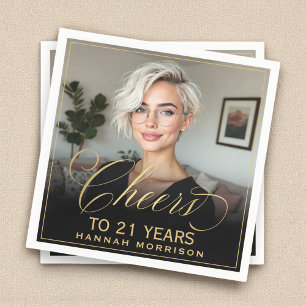 Cheers to 21 Years Birthday Photo Gold Black Napkin