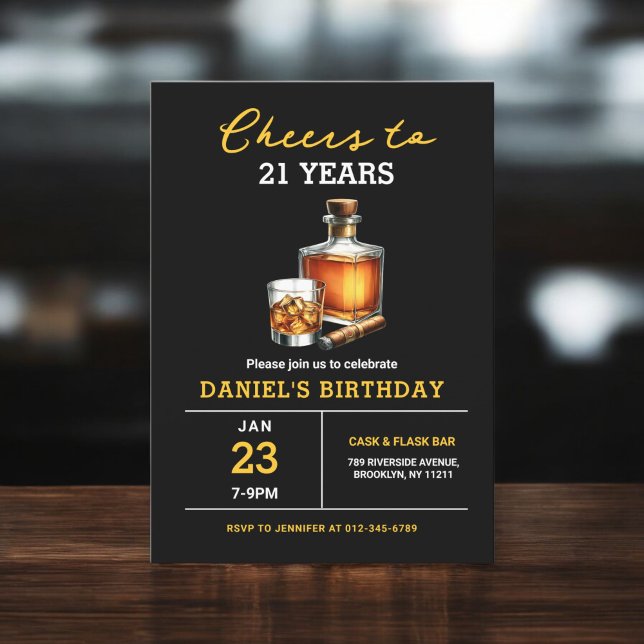 Cheers to 21 Years Whiskey Cigar Bourbon Birthday Invitation (Creator Uploaded)