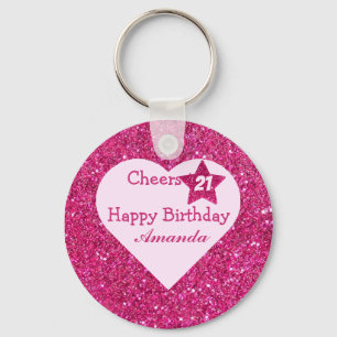 Cheers to 21st Birthday Pink Glitter Heart Favours Keychain