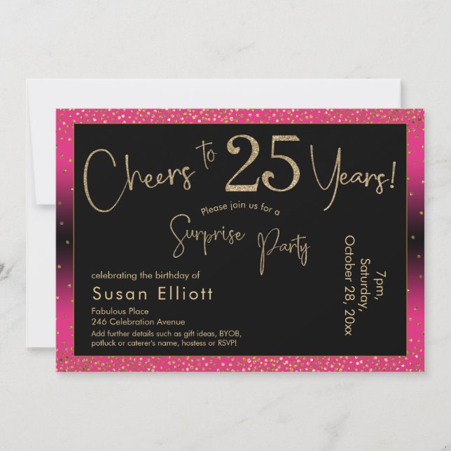 Cheers to 25 Years Surprise Birthday, Deep Pink Invitation (Front)