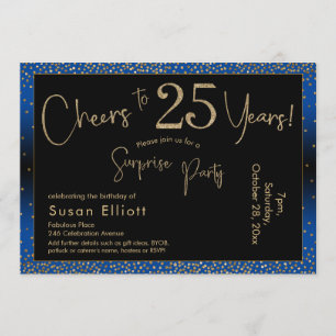 Cheers to 25 Years Surprise Birthday Gold & Blue Invitation