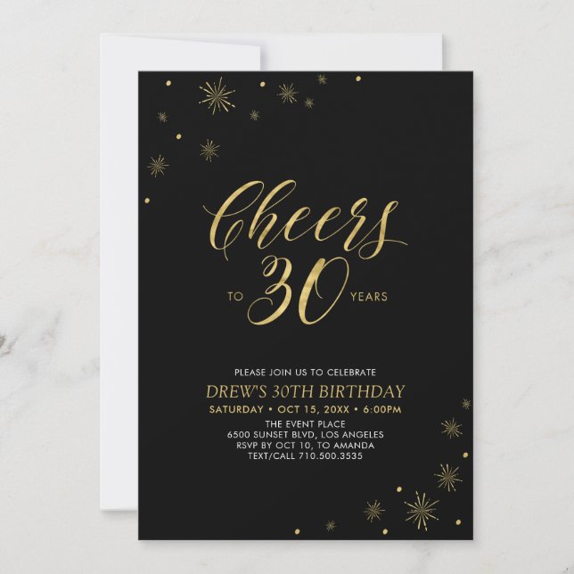 Cheers to 30 | Gold & Black 30th Birthday Party Invitation (Front)