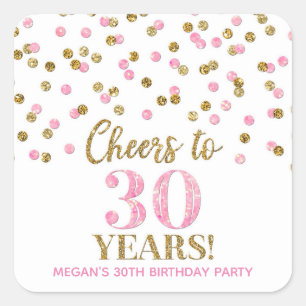 Cheers to 30 Years Birthday Pink Gold Confetti Square Sticker