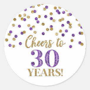 Cheers to 30 Years Birthday Purple Gold Confetti Classic Round Sticker
