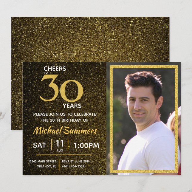 Cheers to 30 Years Black Gold 30th Birthday Invitation (Front/Back)