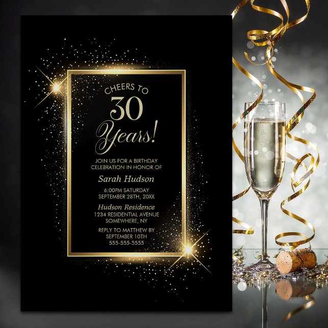 Cheers to 30 Years Black Gold Birthday Party Invitation (Creator Uploaded)