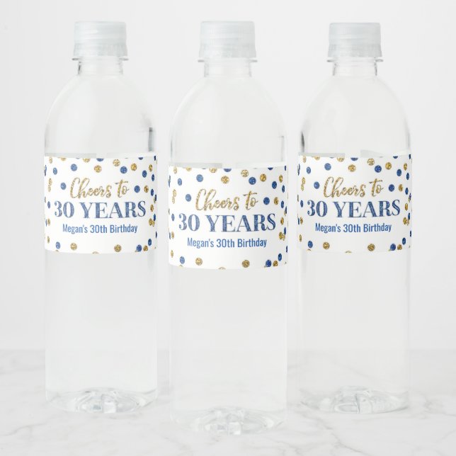 Cheers to 30 Years Blue Gold Confetti Birthday Water Bottle Label (Bottles)